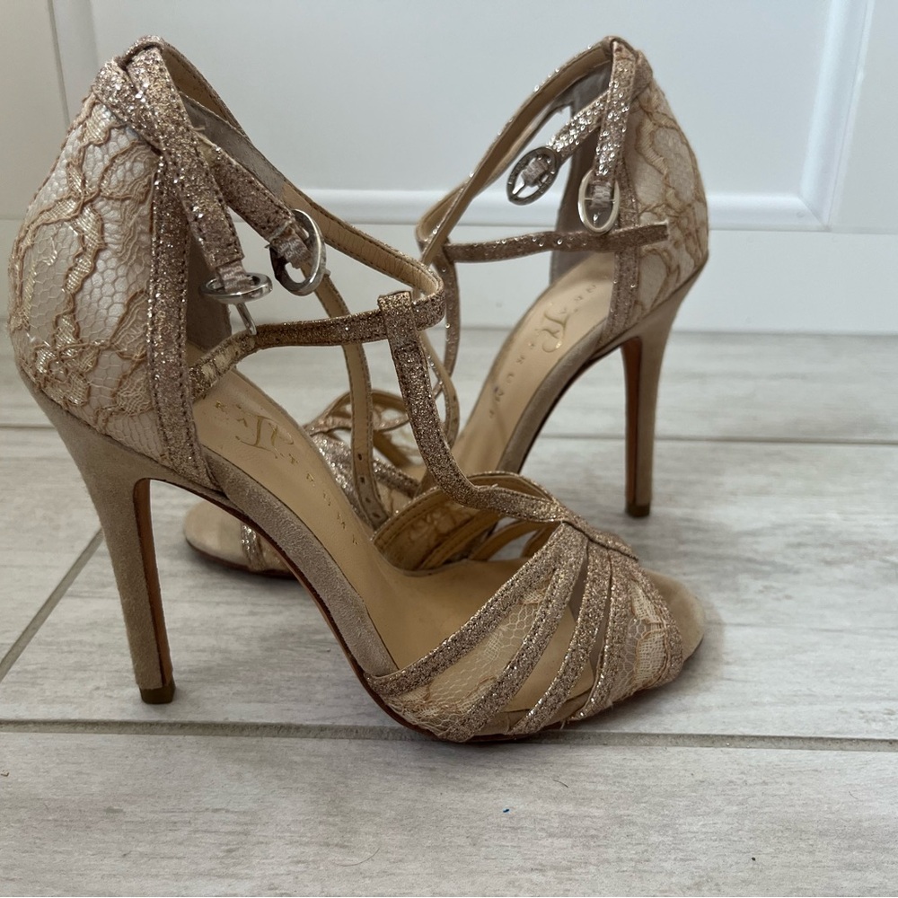 Ivanka Trump glam tan and gold Lace Heels